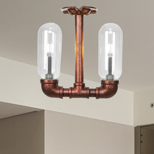 Clear Glass Weathered Copper Ceiling Lighting - Industrial Semi Flush with Pipe Design - 2 Lights