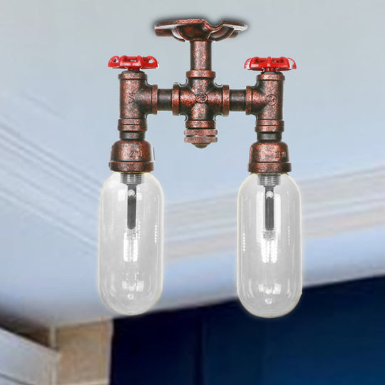 Clear Glass Weathered Copper Ceiling Lighting - Industrial Semi Flush with Pipe Design - 2 Lights