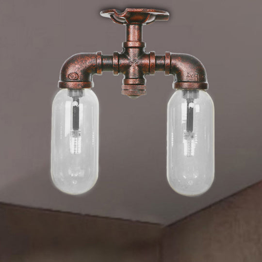 Clear Glass Weathered Copper Ceiling Lighting - Industrial Semi Flush with Pipe Design - 2 Lights