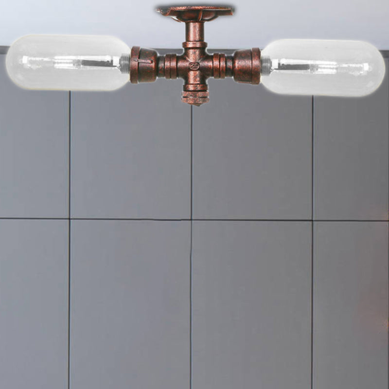 Clear Glass Weathered Copper Ceiling Lighting - Industrial Semi Flush with Pipe Design - 2 Lights