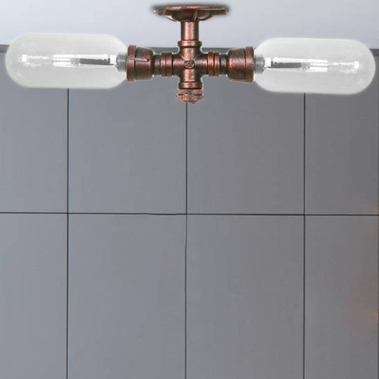 Clear Glass Weathered Copper Ceiling Lighting - Industrial Semi Flush with Pipe Design - 2 Lights