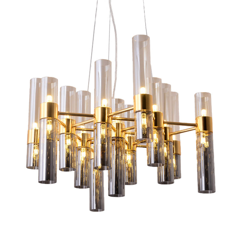 Modern Gold Pipe Chandelier With Smoke Glass Shades - 14/24/26 Lights Pendant For Bedroom