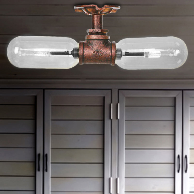 Vintage Clear Glass Semi Flush Light for Living Room with Weathered Copper Finish - 2-Light Ceiling Lighting