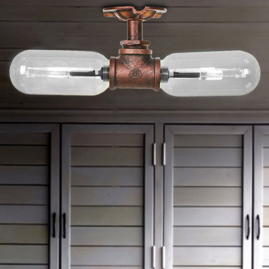 Vintage Clear Glass Semi Flush Light For Living Room With Weathered Copper Finish - 2-Light Ceiling