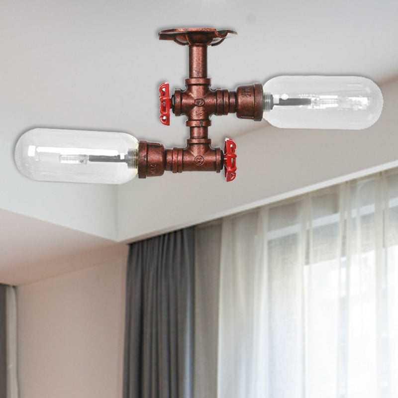 Vintage Clear Glass Semi Flush Light for Living Room with Weathered Copper Finish - 2-Light Ceiling Lighting