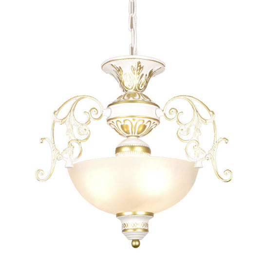 Traditional White/Black Frosted Glass Chandelier Light - 3 Bulbs Bowl Ceiling Fixture For Corridor