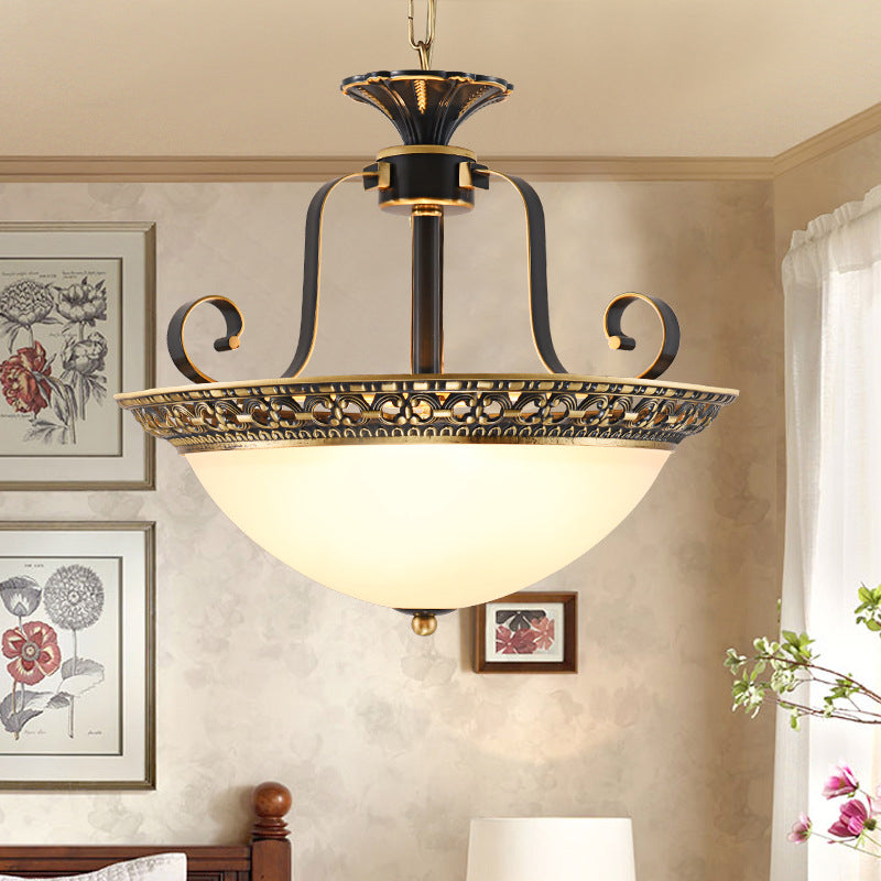 Metal Gray & Black Traditional 3-Light Chandelier Pendant With Frosted Glass Shade