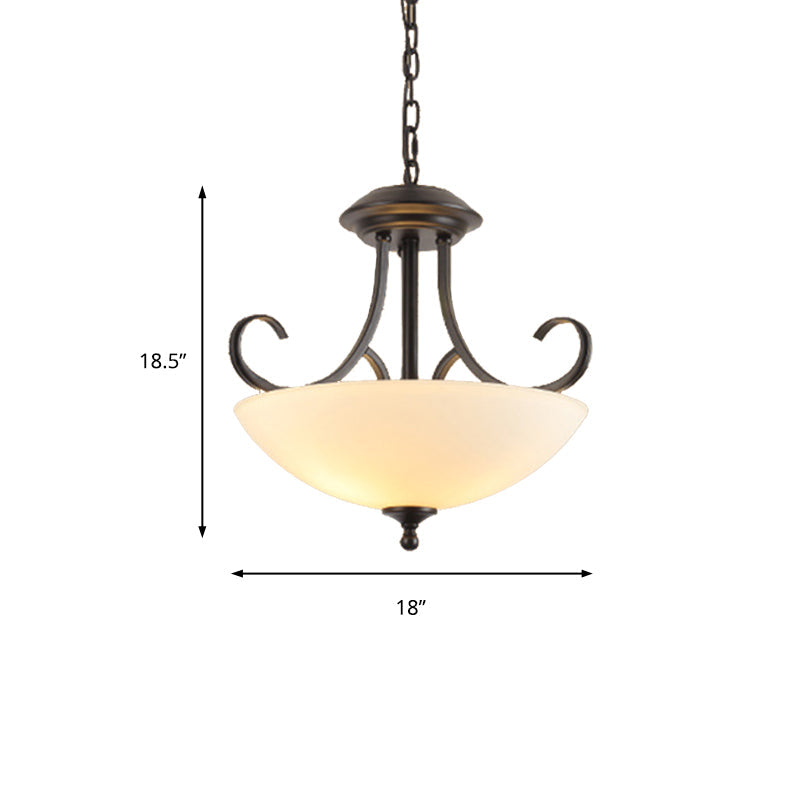 Traditional Black Frosted Glass Chandelier - 3-Bulb Bowl Ceiling Light Fixture