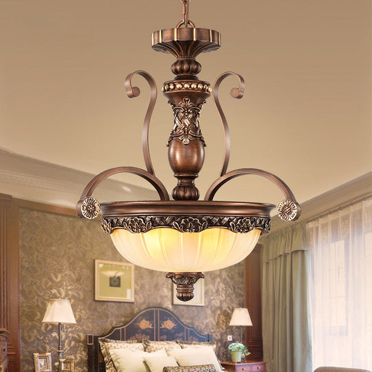 Traditional Rust Bowl Pendant Light With Frosted Textured Glass - 3 Chandelier For Bedroom