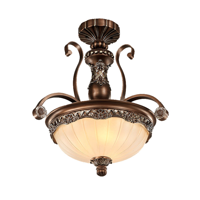 Traditional Rust Bowl Pendant Light With Frosted Textured Glass - 3 Chandelier For Bedroom