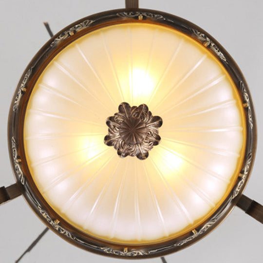 Traditional Rust Bowl Pendant Light With Frosted Textured Glass - 3 Chandelier For Bedroom