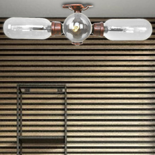 Industrial Weathered Copper Semi Mount Indoor Ceiling Light with Clear Glass and Pipe Design - 3/4/5 Light Oval Shade