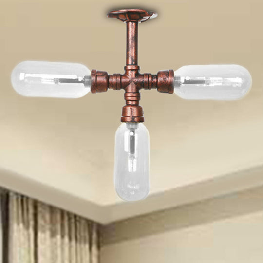 Industrial Weathered Copper Semi Mount Indoor Ceiling Light with Clear Glass and Pipe Design - 3/4/5 Light Oval Shade