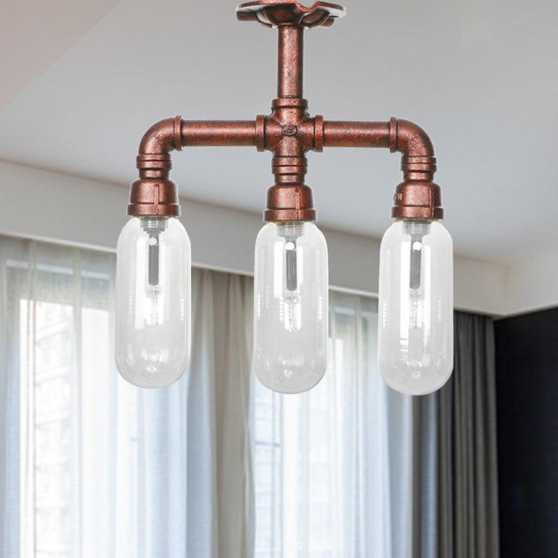 Industrial Weathered Copper Semi Mount Indoor Ceiling Light with Clear Glass and Pipe Design - 3/4/5 Light Oval Shade