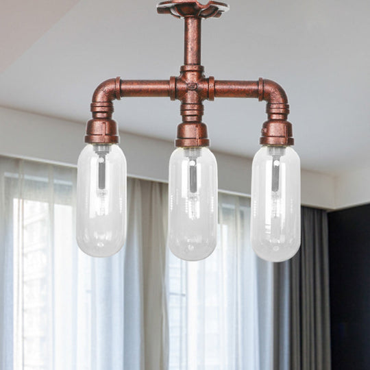 Industrial Weathered Copper Semi Mount Indoor Ceiling Light with Clear Glass and Pipe Design - 3/4/5 Light Oval Shade