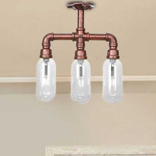 Industrial Weathered Copper Semi Mount Indoor Ceiling Light with Clear Glass and Pipe Design - 3/4/5 Light Oval Shade