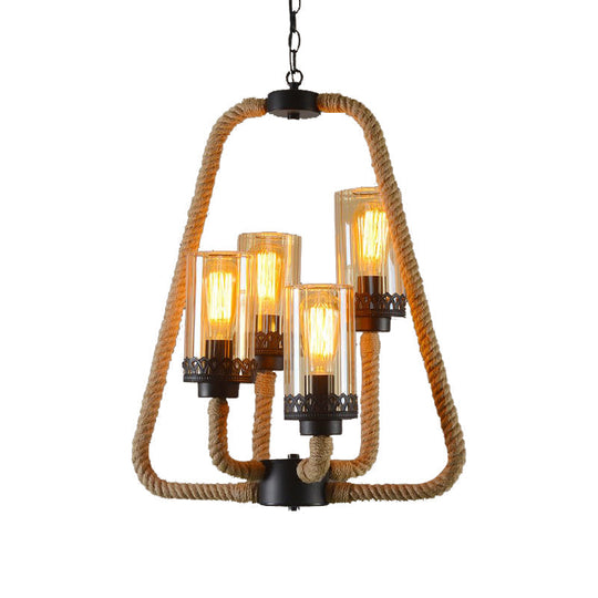 Traditional Beige Pendant Chandelier With 4 Lights And Rope-Glass Cylinder Design