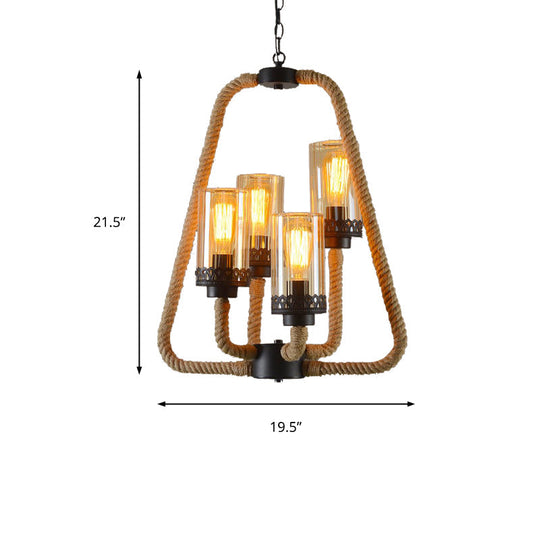 Traditional Beige Pendant Chandelier With 4 Lights And Rope-Glass Cylinder Design