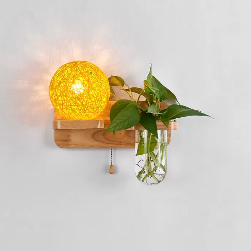 Spherical Rattan Bedside Sconce Light With Pull Chain - Modern Wood Wall Fixture Yellow / Left