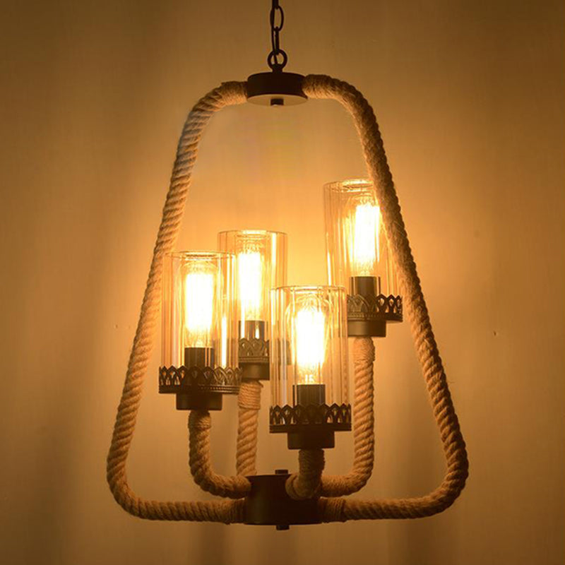 Traditional Beige Pendant Chandelier With 4 Lights And Rope-Glass Cylinder Design