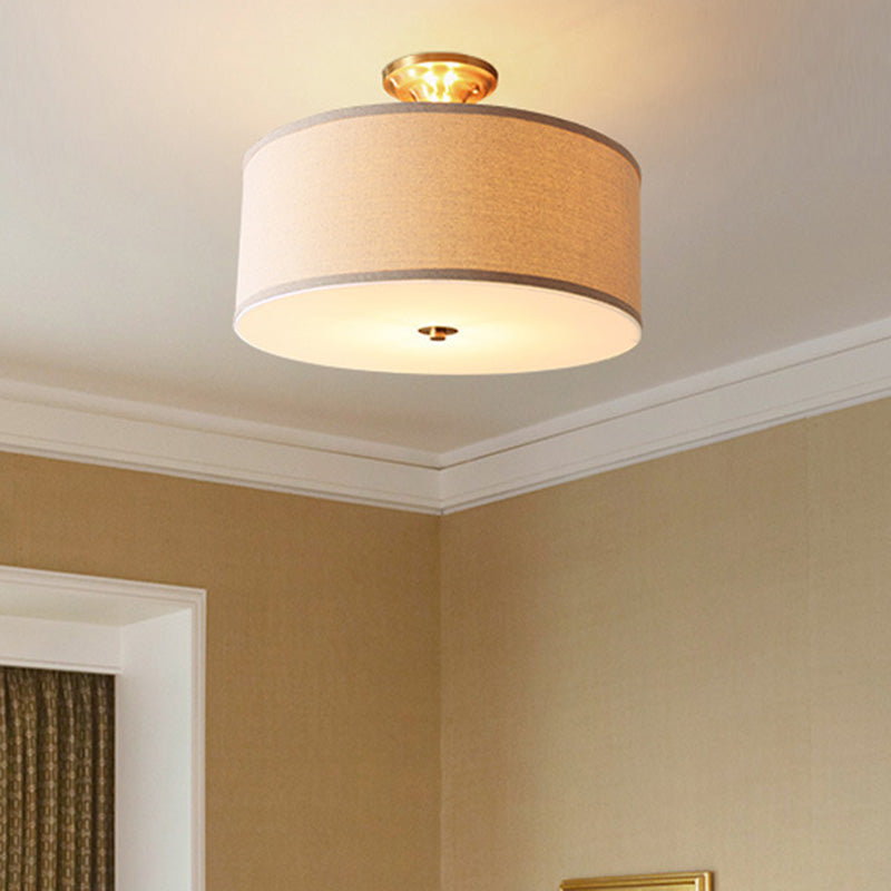 Traditional Drum Semi Flush Ceiling Light in Beige Fabric Shade