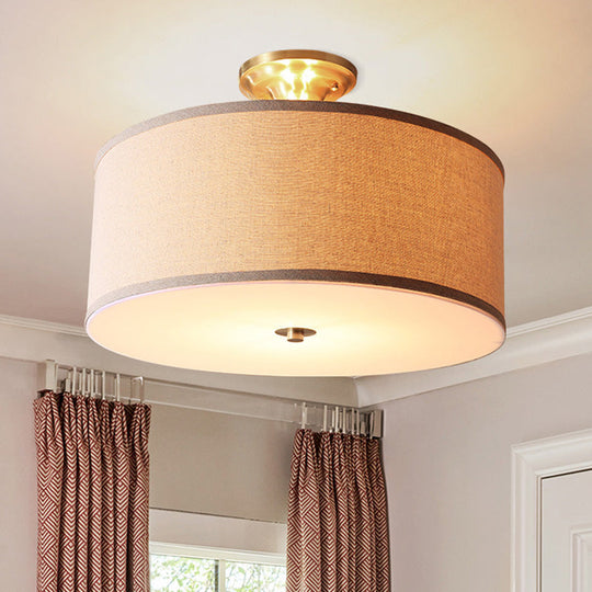 Traditional Drum Semi Flush Ceiling Light in Beige Fabric Shade