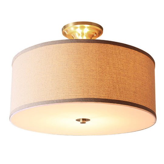 Traditional Drum Semi Flush Ceiling Light in Beige Fabric Shade