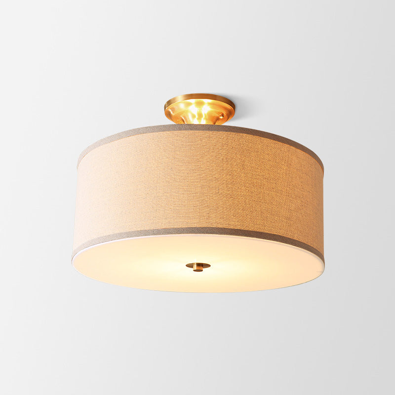 Traditional Drum Semi Flush Ceiling Light in Beige Fabric Shade