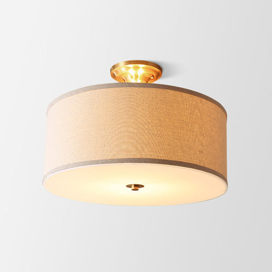 Traditional Drum Semi Flush Ceiling Light in Beige Fabric Shade