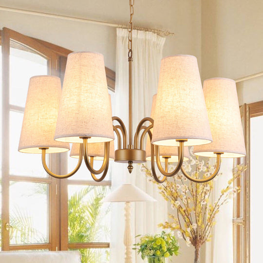 Artistic Curvy Arm Metal Chandelier With Fabric Shade - 6 Bulb Suspension Light For Living Room