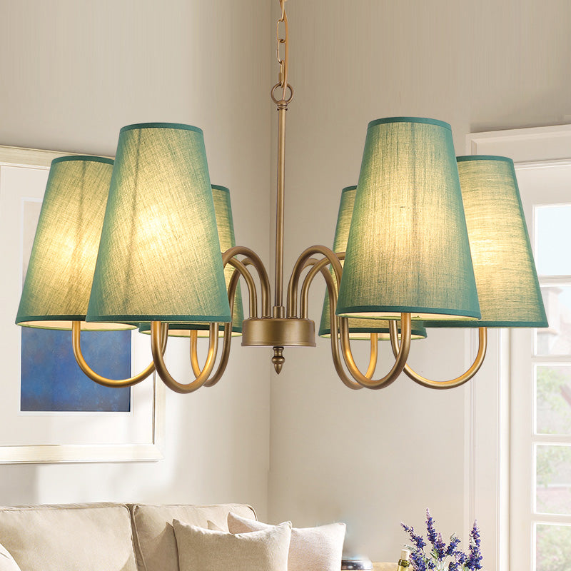 Artistic Curvy Arm Metal Chandelier With Fabric Shade - 6 Bulb Suspension Light For Living Room