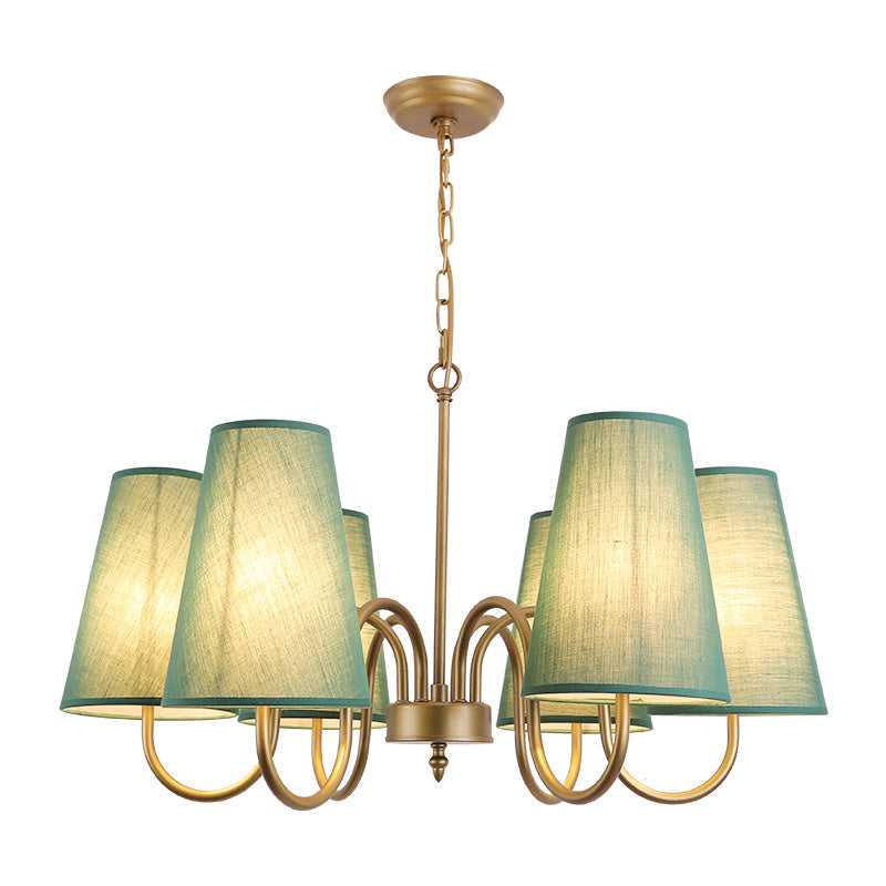 Artistic Curvy Arm Metal Chandelier With Fabric Shade - 6 Bulb Suspension Light For Living Room