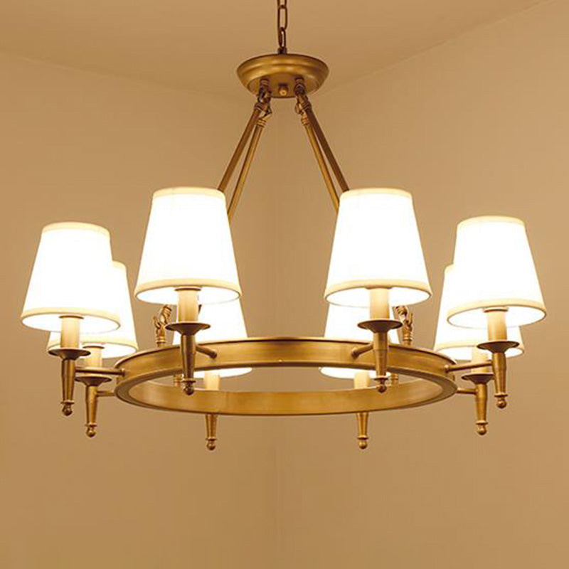 Metallic Minimalist 8-Head Ring Chandelier With Tapered Fabric Shade - Stylish Pendant Light For