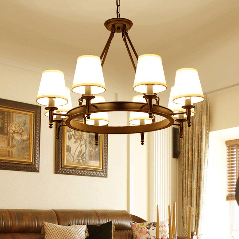 Metallic Minimalist 8-Head Ring Chandelier With Tapered Fabric Shade - Stylish Pendant Light For