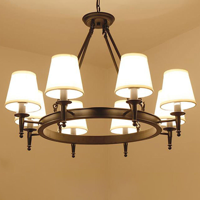 Metallic Minimalist 8-Head Ring Chandelier With Tapered Fabric Shade - Stylish Pendant Light For