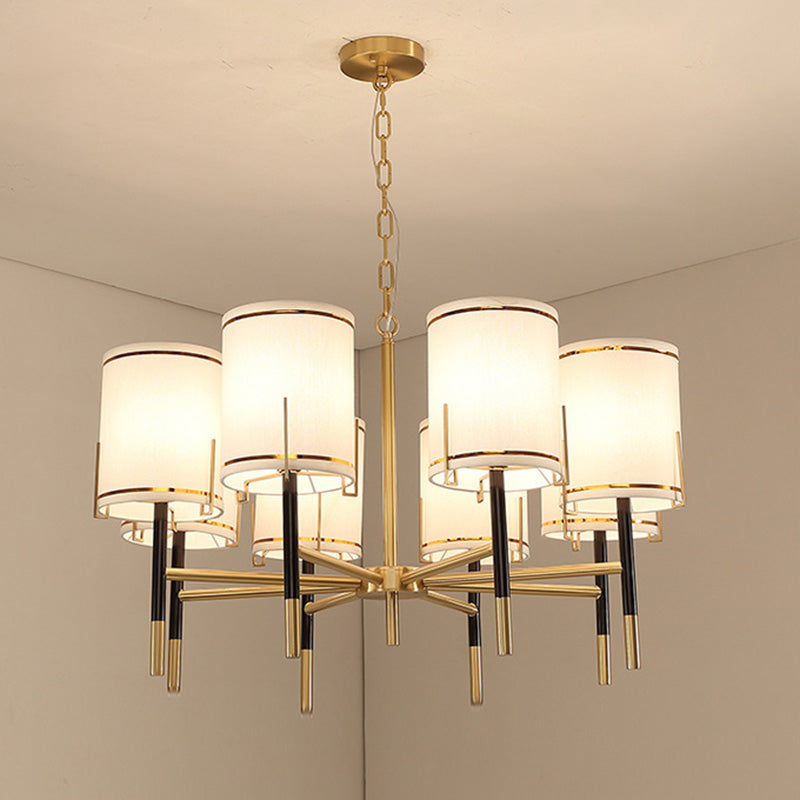 Modern Gold Chandelier Light Fixture - Cylindrical Fabric Ceiling Lighting For Living Room