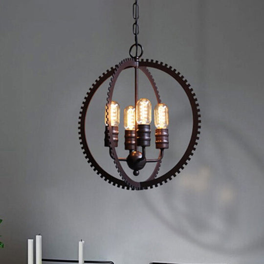 Industrial Metal Hanging Chandelier with 4-Lights, Globe Shade and Bronze Finish for Dining Room