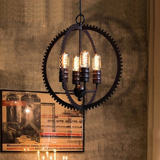 Industrial Metal Hanging Chandelier with 4-Lights, Globe Shade and Bronze Finish for Dining Room