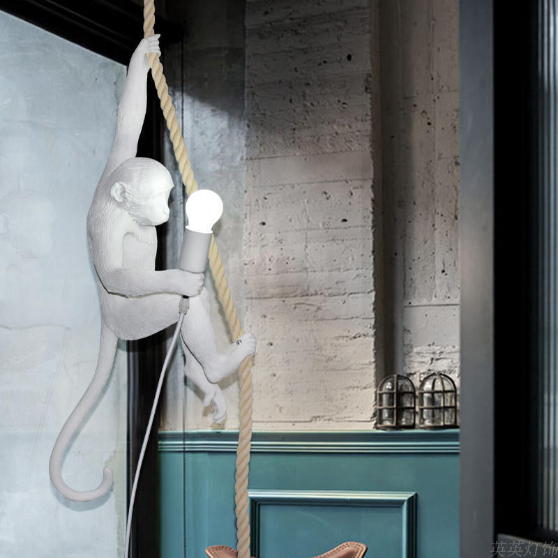 Monkey Ceiling Light: Modern Resin Pendant with Hemp Rope - Perfect for Restaurants