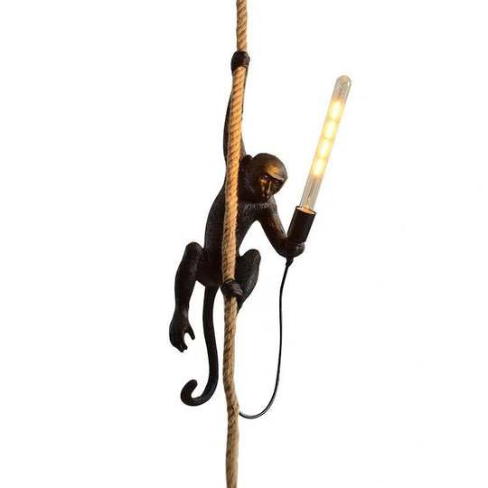 Monkey Ceiling Light: Modern Resin Pendant with Hemp Rope - Perfect for Restaurants