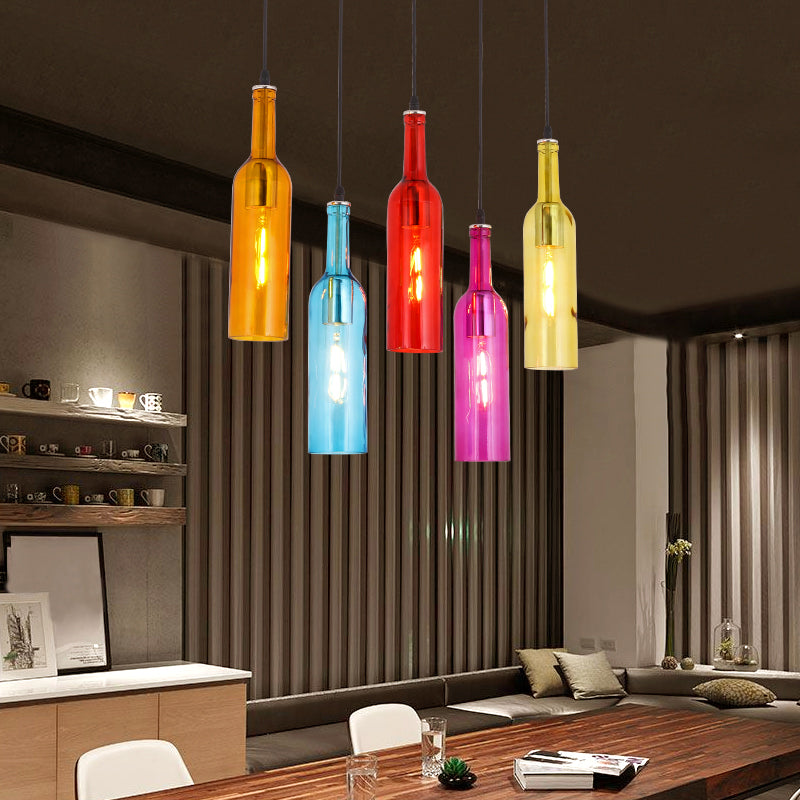 Beer Bottles Ceiling Lamp: Colorful Art Decor 5 Bulbs Suspension Light Fixture - Red Glass