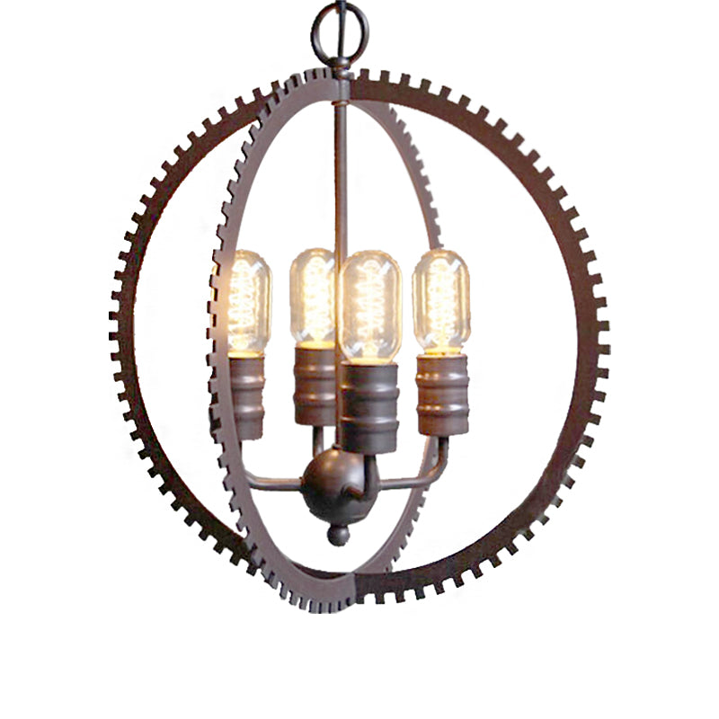 Industrial Hanging Chandelier In Bronze With Globe Shade For Dining Room - 4 Lights Ceiling Pendant