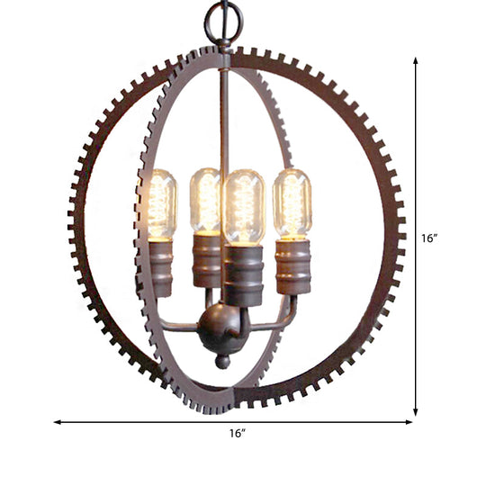 Industrial Hanging Chandelier In Bronze With Globe Shade For Dining Room - 4 Lights Ceiling Pendant