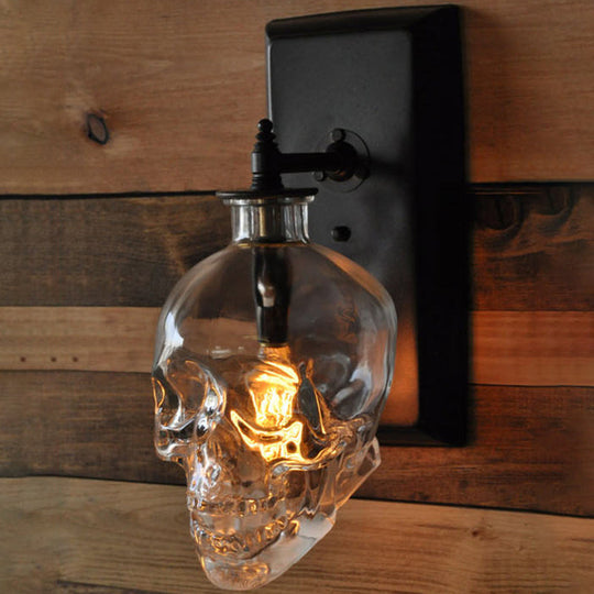 Black Skull Wall Mount Light Artistic Single-Bulb Clear Glass Sconce For Corridor