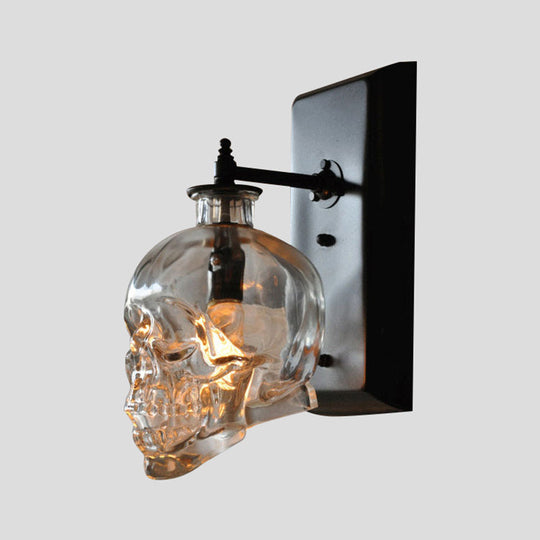 Black Skull Wall Mount Light Artistic Single-Bulb Clear Glass Sconce For Corridor