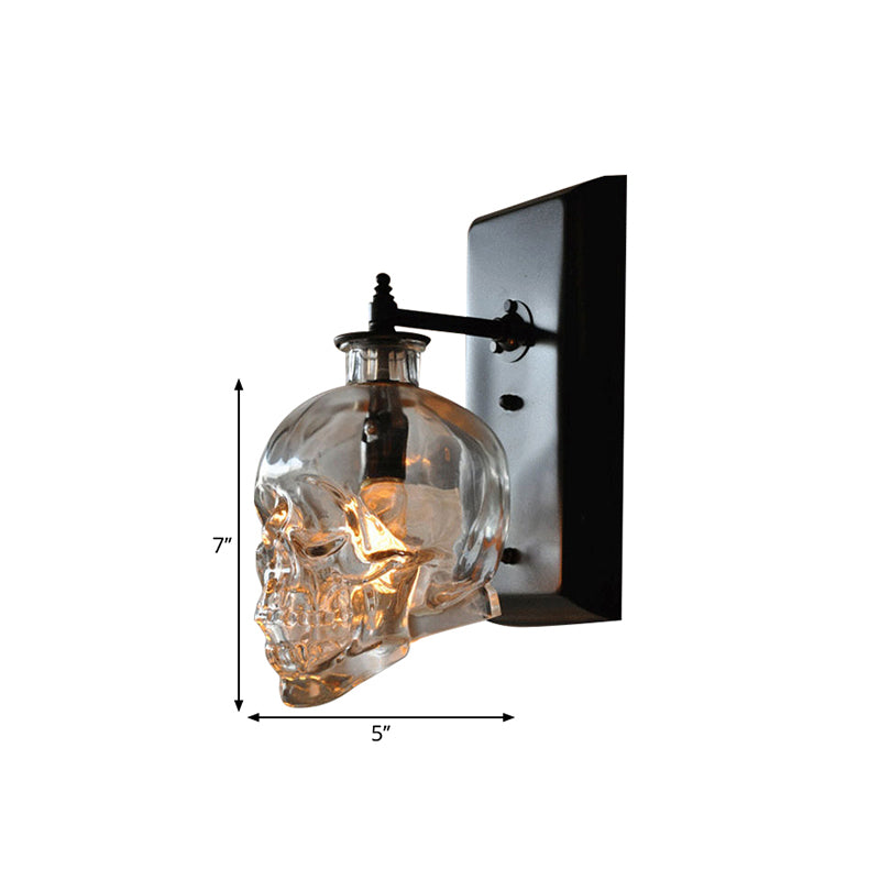 Black Skull Wall Mount Light Artistic Single-Bulb Clear Glass Sconce For Corridor