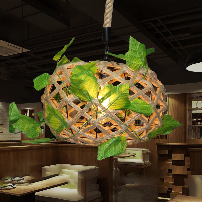 Industrial Hemp Rope Ceiling Pendant Light With Beige Drum Shade And Ivy Decor Single Restaurant