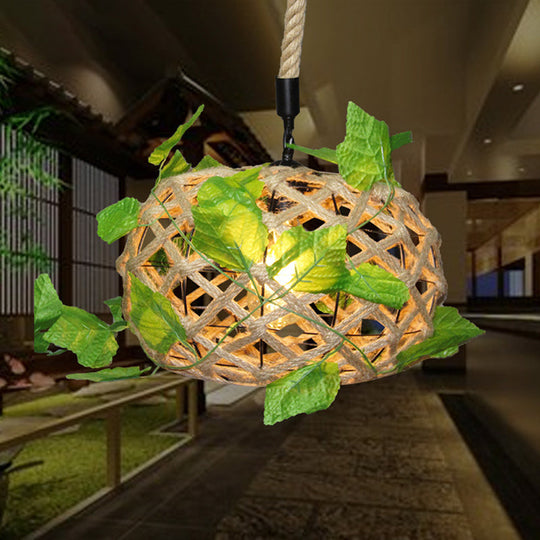 Beige Drum Ceiling Light with Industrial Hemp Rope & Ivy Decor - Single Pendant Light for Restaurants