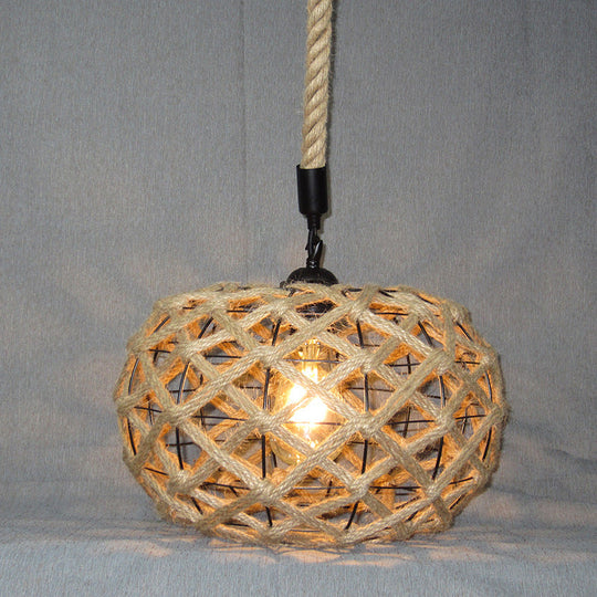 Industrial Hemp Rope Ceiling Pendant Light With Beige Drum Shade And Ivy Decor Single Restaurant