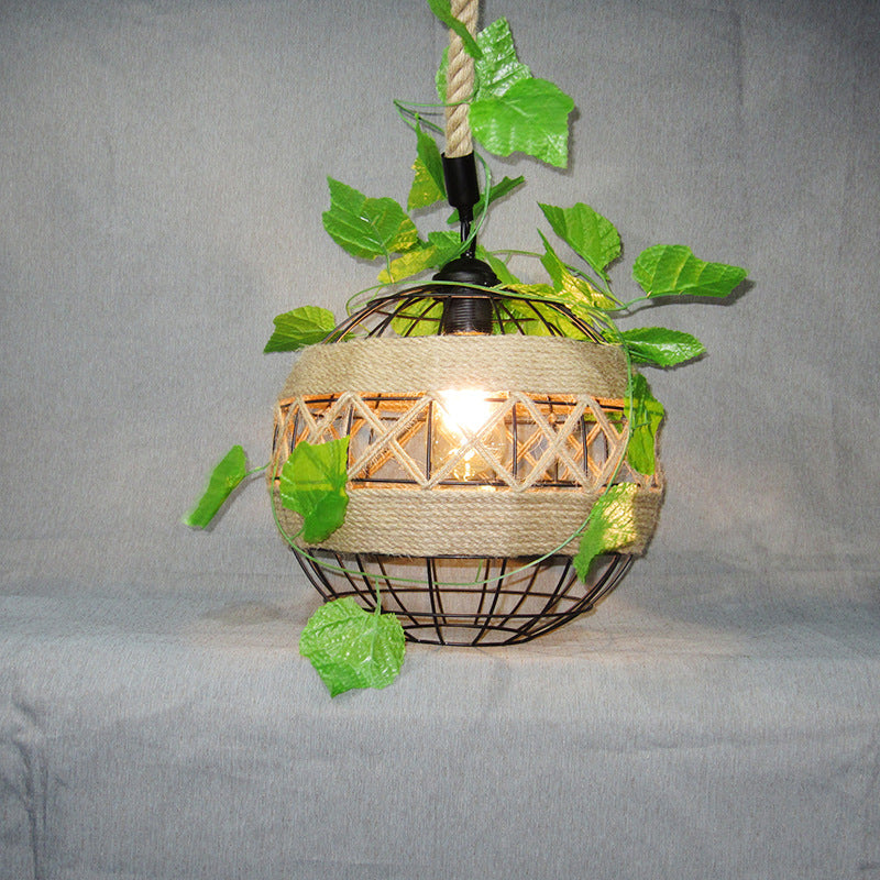 Vintage Beige Globe Hanging Lamp With Rope Detail - 1-Light Iron Plant Pendant For Restaurant